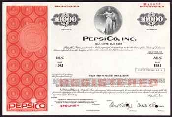 PepsiCo, Inc. $10,000 Specimen Bond | 1974