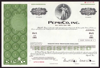 PepsiCo, Inc. $25,000 Specimen Bond Certificate | 1974
