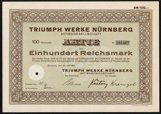 1933 Triumph Werke Nurnberg Certificate - Motorcycle Company