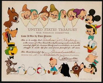 The Walt Disney Company War Bond - 1944 Issued