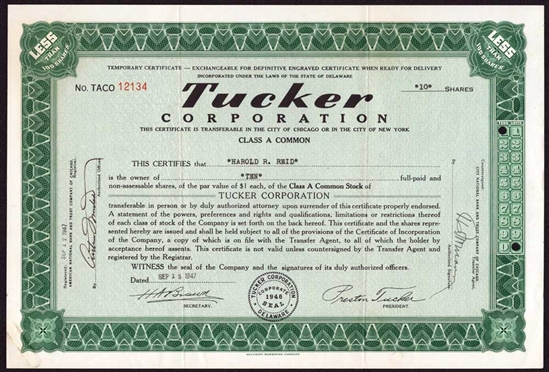Tucker Corporation Stock Certificate- 1947