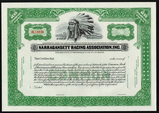 Narragansett Racing Association, Inc. Stock Certificate