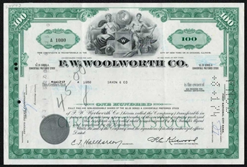 F.W. Woolworth Company Stock Certificate - Green