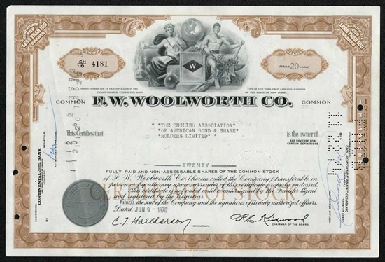 F.W. Woolworth Company Stock Certificate