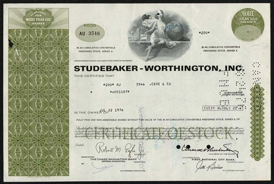 Studebaker-Worthington Stock Certificate - Olive