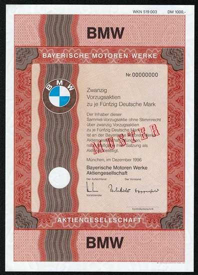 BMW Specimen Stock Certificate - 1000 German DM - RARE