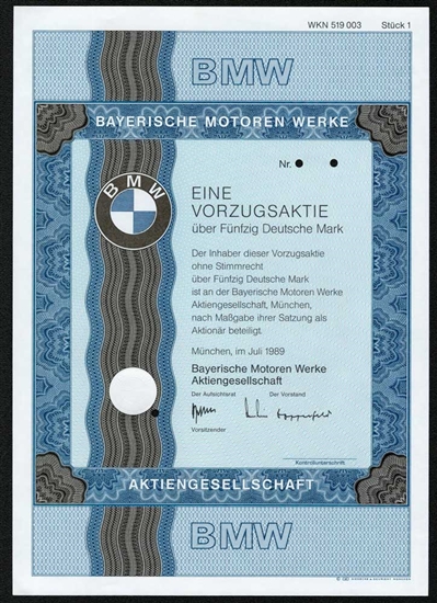 BMW Specimen Stock Certificate - German