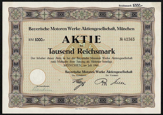 BMW Stock Certificate - 1941 - WWII German