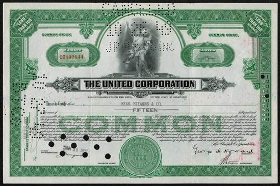The United Corporation Stock Certificate - Issued to Bear Stearns 1937