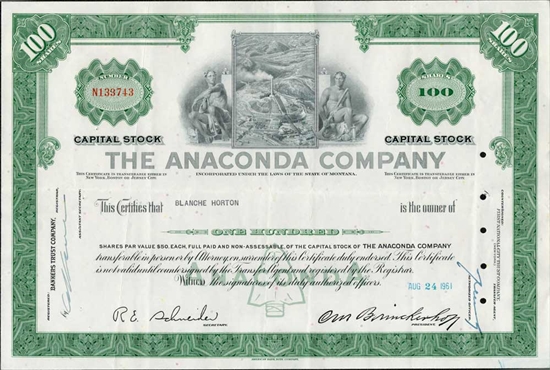 The Anaconda Company Framed Stock Certificate