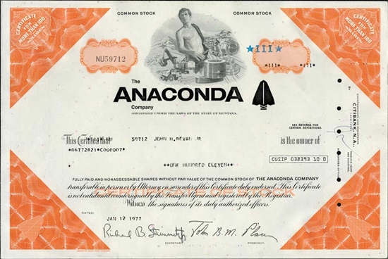 The Anaconda Company Stock Certificate - 1970s - Orange