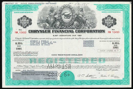 Chrysler Finananical Corporation Bond Certificate