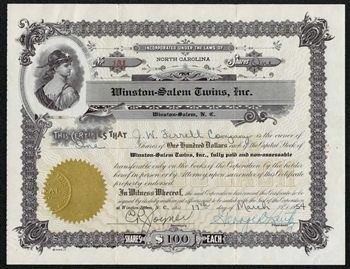 1954 Winston-Salem Twins, Inc. Stock Certificate