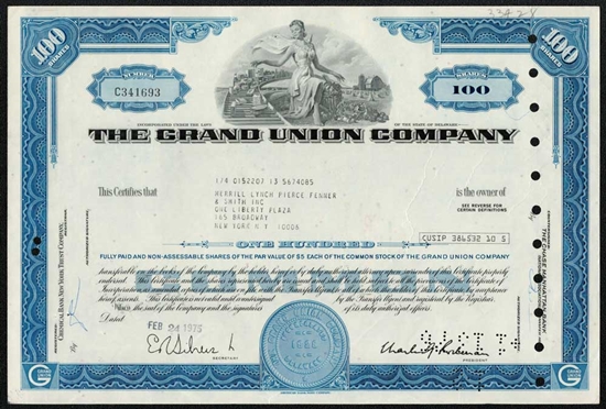 The Grand Union Company Stock Certificate - Blue