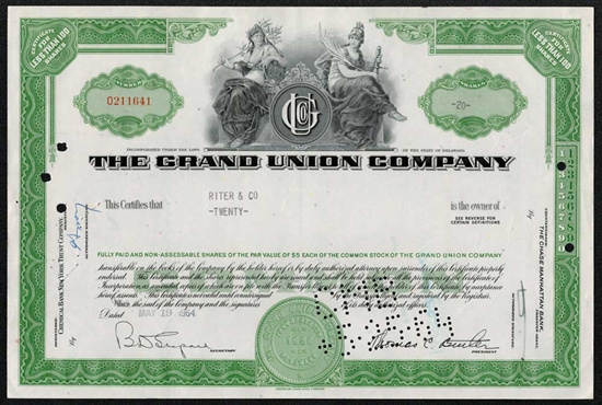 The Grand Union Company Stock Certificate - Green
