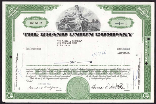 The Grand Union Company Stock Certificate