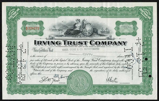 Irving Trust Company Stock Certificate