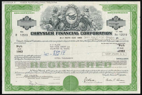 Chrysler Financial Corporation Bond Certificate-Aqua