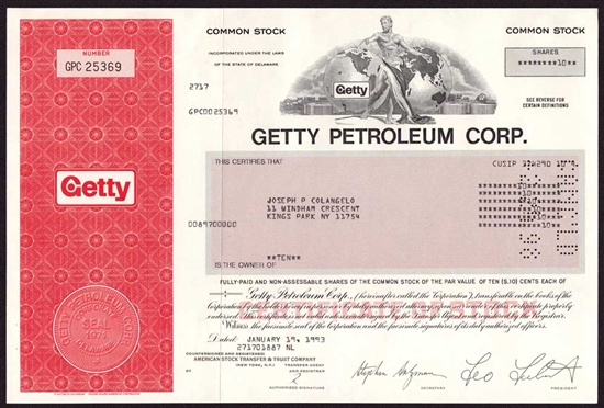 Getty Petroleum Corp Stock Certificate (J. Paul Getty)