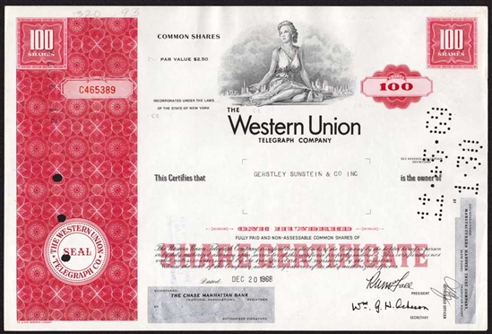 Western Union Corporation Stock Certificate