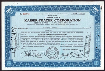 Kaiser-Frazer Corporation Stock Certificate