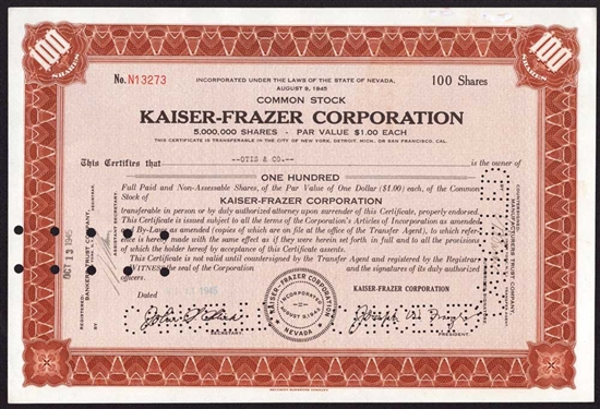 Kaiser-Frazer Corporation Stock Certificate