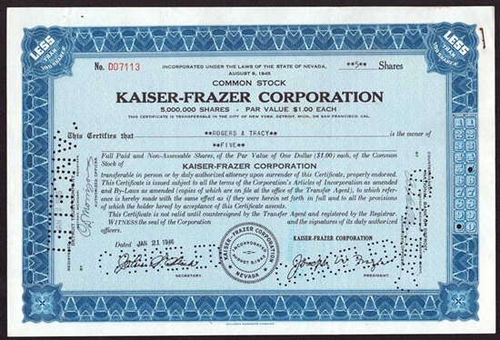 Kaiser-Frazer Corporation Stock Certificate