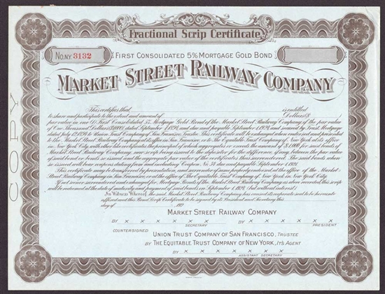 Market Street Railway Company Gold Bond - 1920s - San Fran