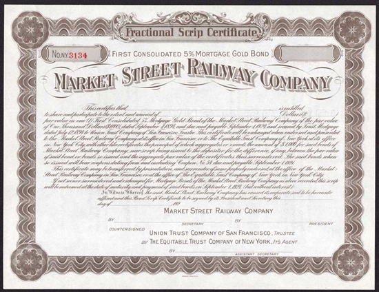 Market Street Railway Company Gold Bond - 1920s - San Fran