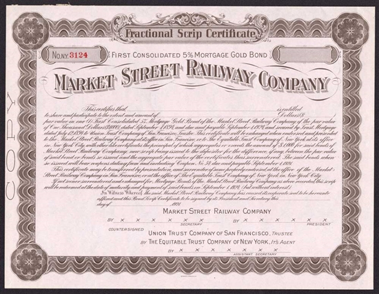 Market Street Railway Company Gold Bond - 1921 - San Fran