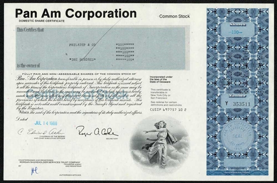 Pan Am Corporation Stock Certificate