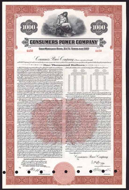 Consumers Power Company $1000 Bond - 1952