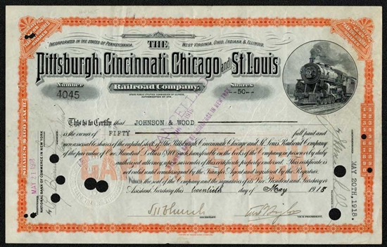 The Pittsburgh, Cincinnati, Chicago, and St. Louis Railroad Company Stock Certificate