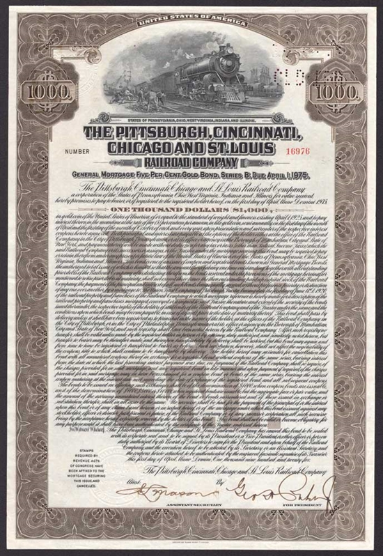 Pittsburgh, Cincinnati, Chicago, & St. Louis Railroad Co $1000 Gold Bond