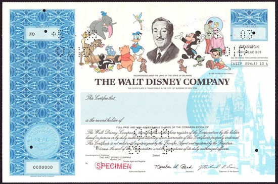 The Walt Disney Company Specimen Stock Certificate