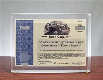 Enron Memento Stock Certificate Lucite