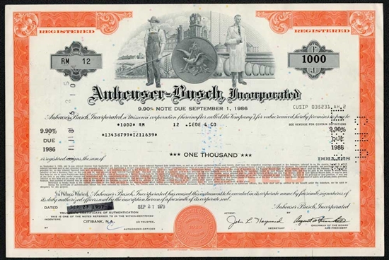 Anheuser-Busch, Inc. Bond Certificate