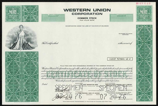 Western Union Corp. Specimen Stock Certificate