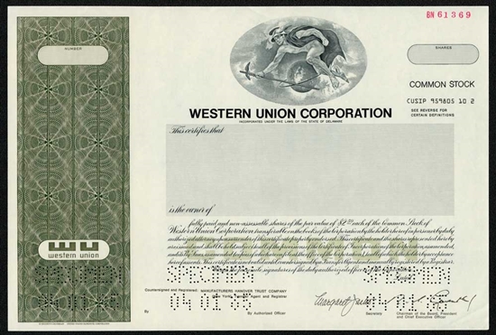 Western Union Corp. Specimen Stock Certificate