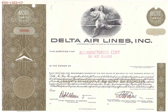 Delta Air Lines, Inc. Specimen Stock Certificate - 1967