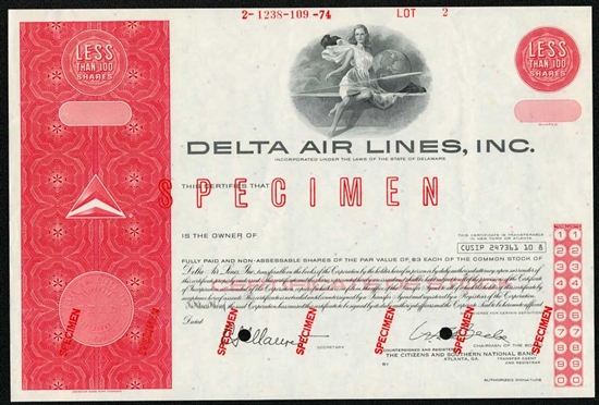 Delta Air Lines, Inc. Specimen Stock Certificate - 1974