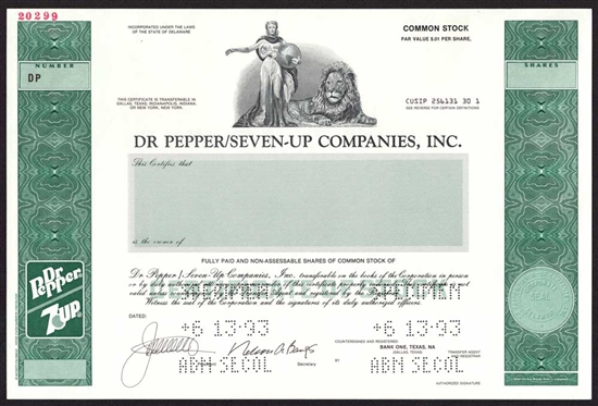 Dr Pepper / Seven-Up Companies, Inc. Specimen Stock Certificate