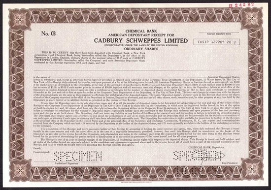 Cadbury Schweppes Limited Specimen Stock Certificate