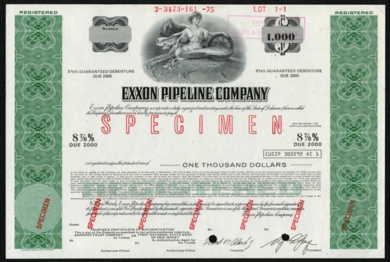 Exxon Pipeline Company Specimen Note Certificate - 1975