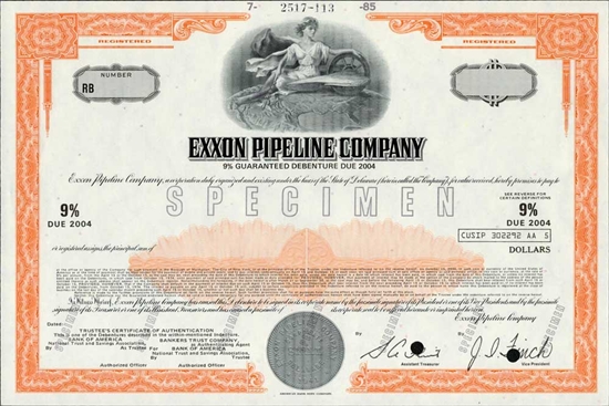 Exxon Pipeline Company Specimen Note Certificate - 1985