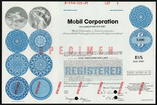 Mobil Corp. Specimen $5000 Bond Certificate