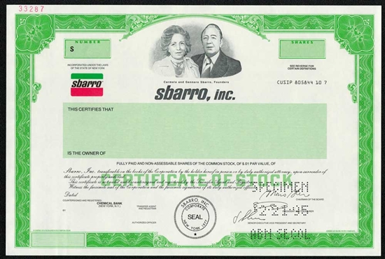Sbarro, Inc. Specimen Stock Certificate