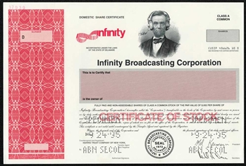 Infinity Broadcasting Corp. Specimen Stock Certificate