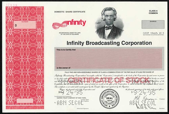 Infinity Broadcasting Corp. Specimen Stock Certificate