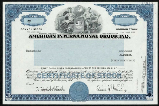 AIG American International Group, Inc. Specimen Stock Certificate
